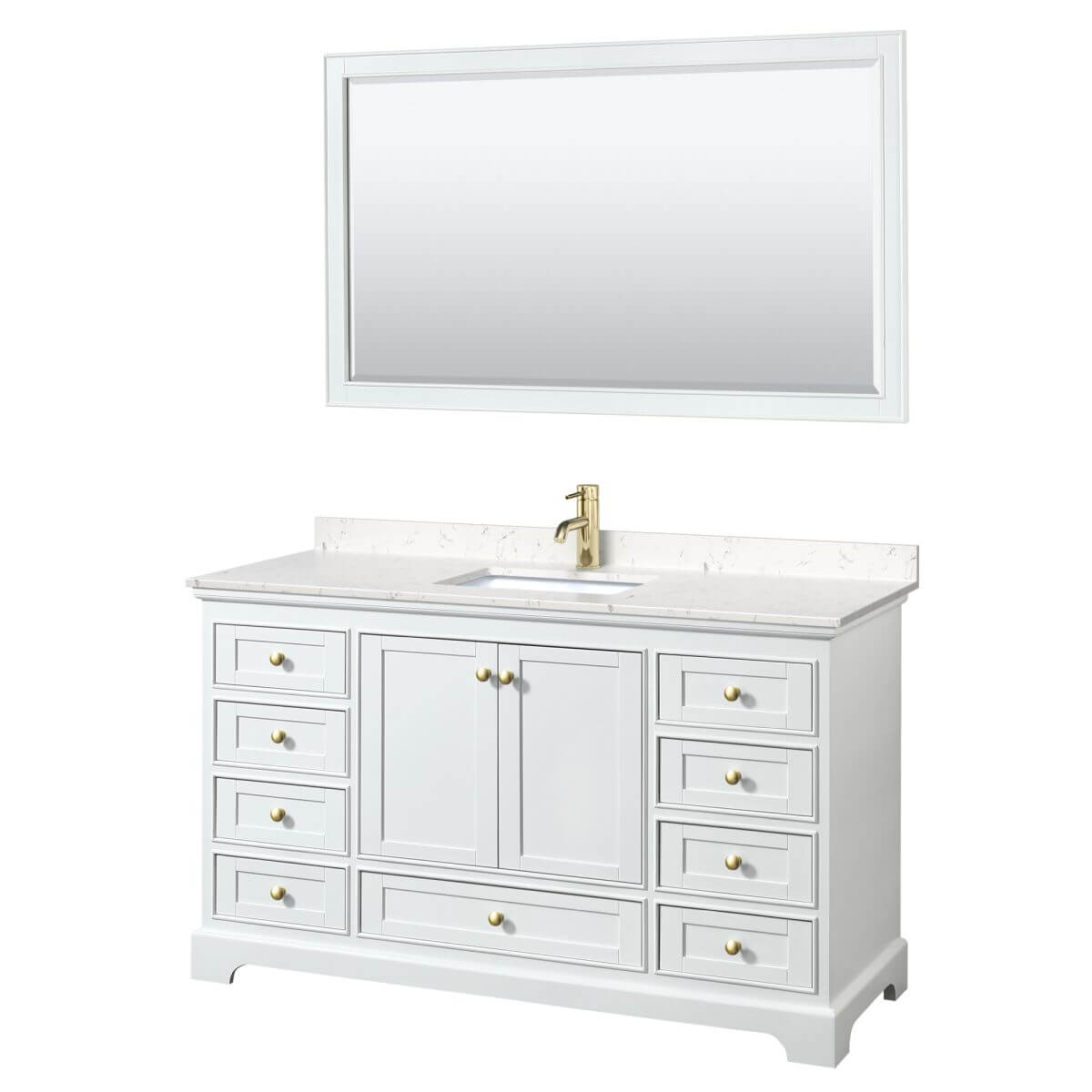 Wyndham Collection Deborah 60 inch Single Bathroom Vanity in White with Carrara Cultured Marble Countertop, Undermount Square Sink, Brushed Gold Trim and 58 inch Mirror - WCS202060SWGC2UNSM58