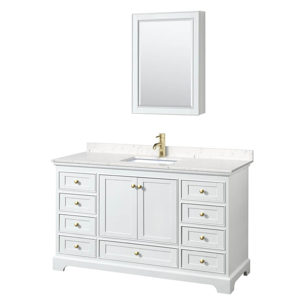 Wyndham Collection Deborah 60 inch Single Bathroom Vanity in White with Carrara Cultured Marble Countertop, Undermount Square Sink, Brushed Gold Trim and Medicine Cabinet - WCS202060SWGC2UNSMED