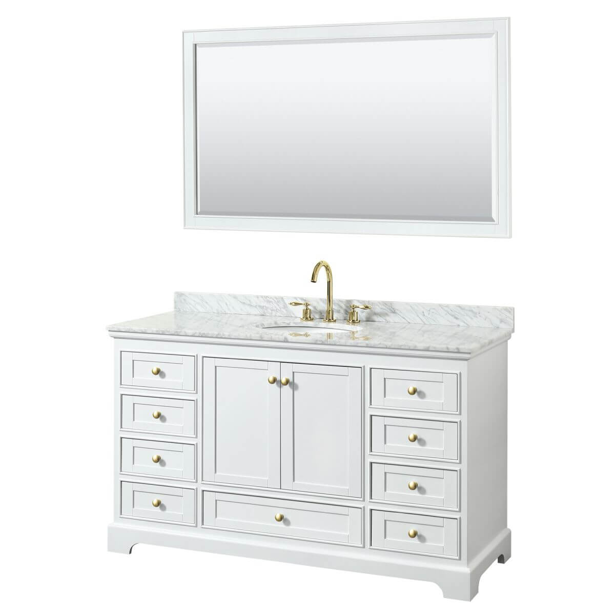 Wyndham Collection Deborah 60 inch Single Bathroom Vanity in White with White Carrara Marble Countertop, Undermount Oval Sink, Brushed Gold Trim and 58 inch Mirror - WCS202060SWGCMUNOM58