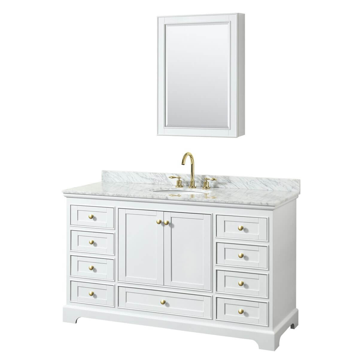 Wyndham Collection Deborah 60 inch Single Bathroom Vanity in White with White Carrara Marble Countertop, Undermount Oval Sink, Brushed Gold Trim and Medicine Cabinet - WCS202060SWGCMUNOMED