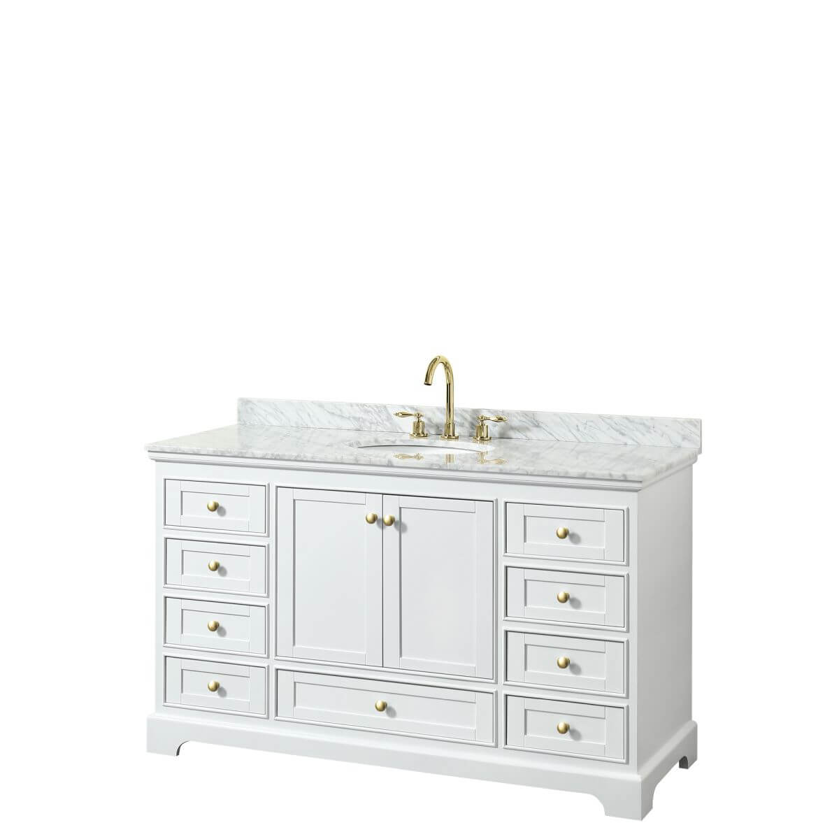 Wyndham Collection Deborah 60 inch Single Bathroom Vanity in White with White Carrara Marble Countertop, Undermount Oval Sink, Brushed Gold Trim and No Mirror - WCS202060SWGCMUNOMXX