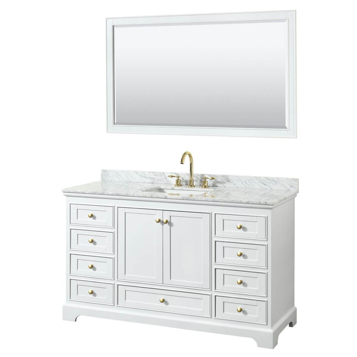 Wyndham Collection Deborah 60 inch Single Bathroom Vanity in White with White Carrara Marble Countertop, Undermount Square Sink, Brushed Gold Trim and 58 inch Mirror - WCS202060SWGCMUNSM58