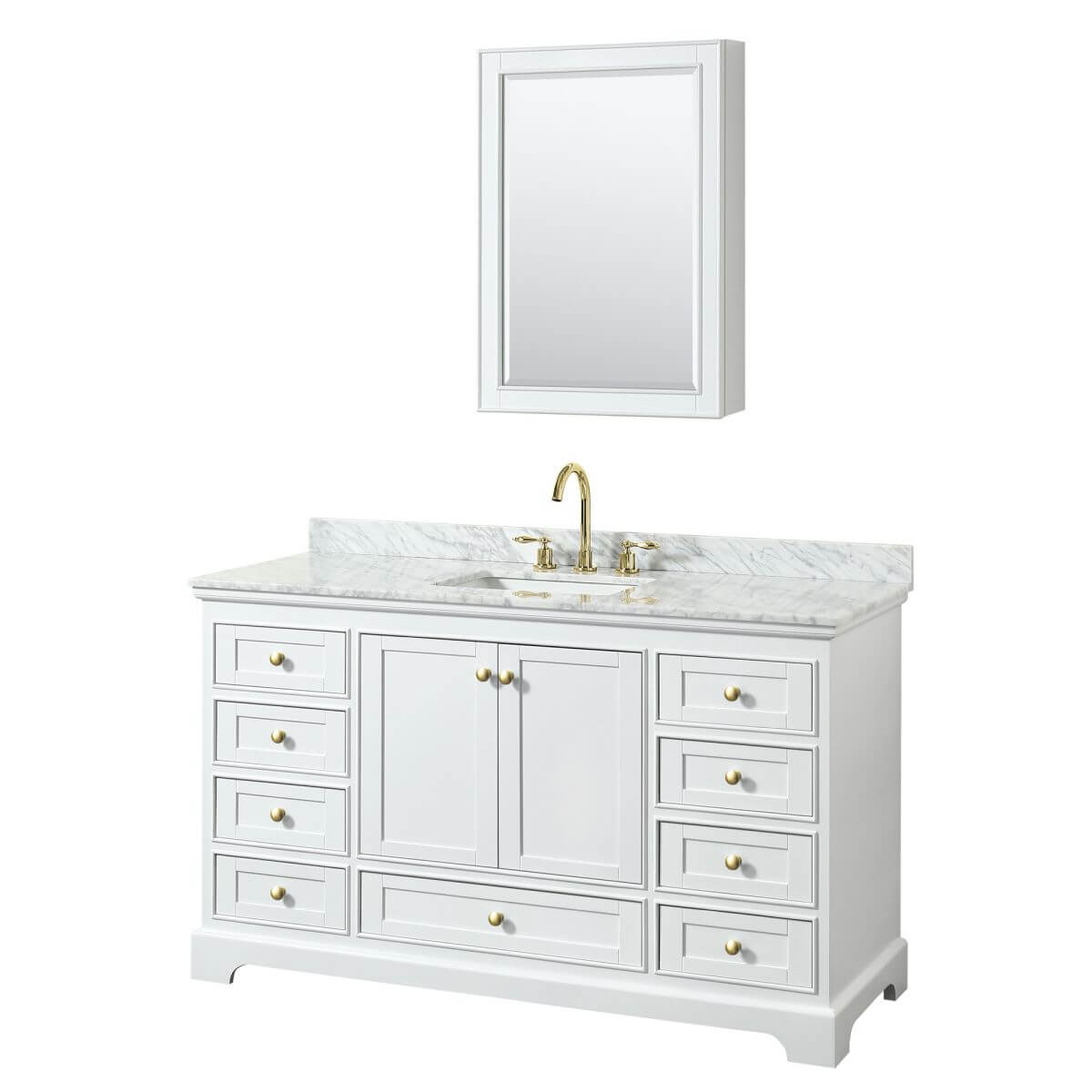 Wyndham Collection Deborah 60 inch Single Bathroom Vanity in White with White Carrara Marble Countertop, Undermount Square Sink, Brushed Gold Trim and Medicine Cabinet - WCS202060SWGCMUNSMED