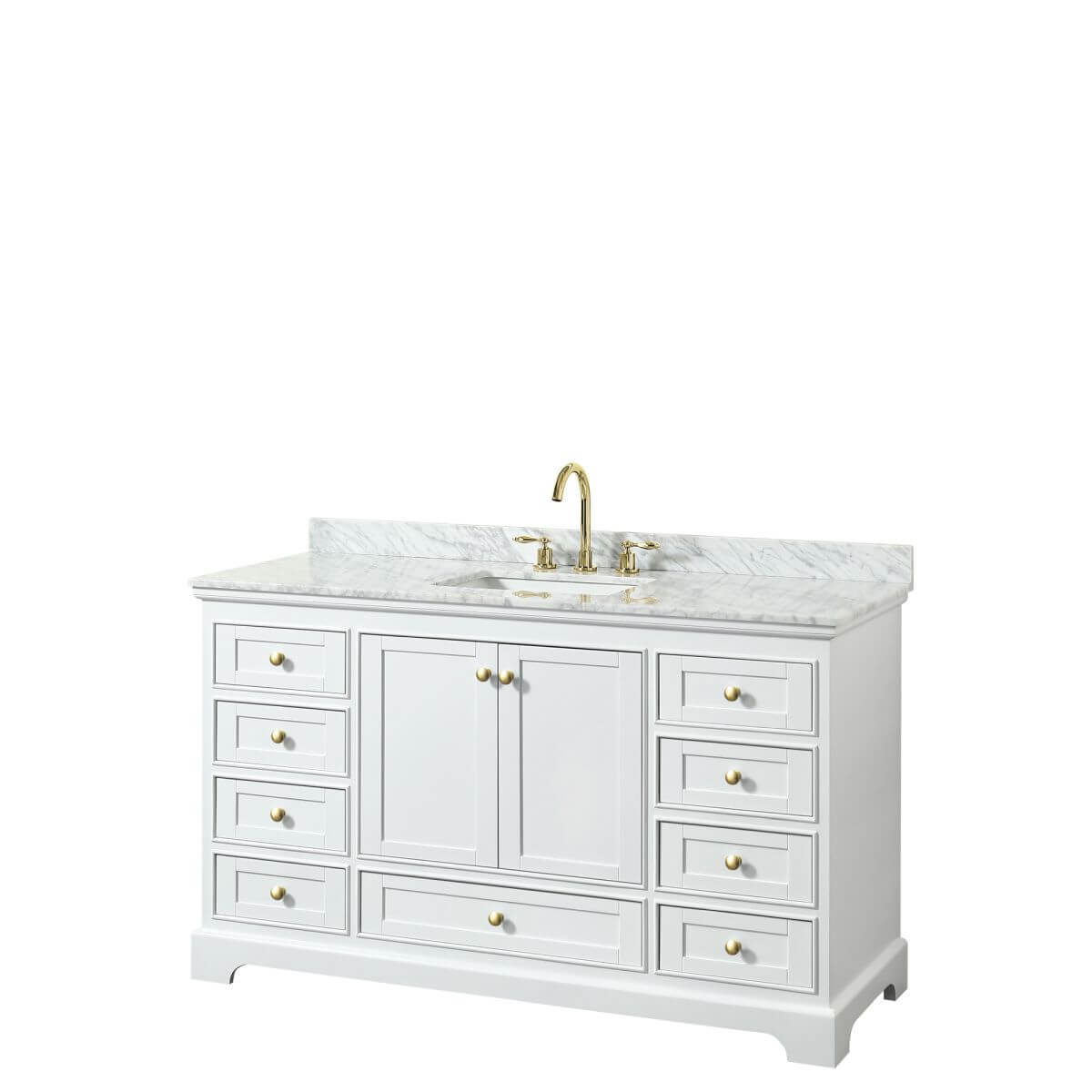 Wyndham Collection Deborah 60 inch Single Bathroom Vanity in White with White Carrara Marble Countertop, Undermount Square Sink, Brushed Gold Trim and No Mirror - WCS202060SWGCMUNSMXX