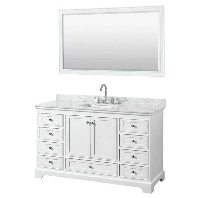Wyndham Collection Deborah 60 Inch Single Bath Vanity In White With White Carrara Marble Countertop With Undermount Square Sink With 58 Inch Mirror - WCS202060SWHCMUNSM58