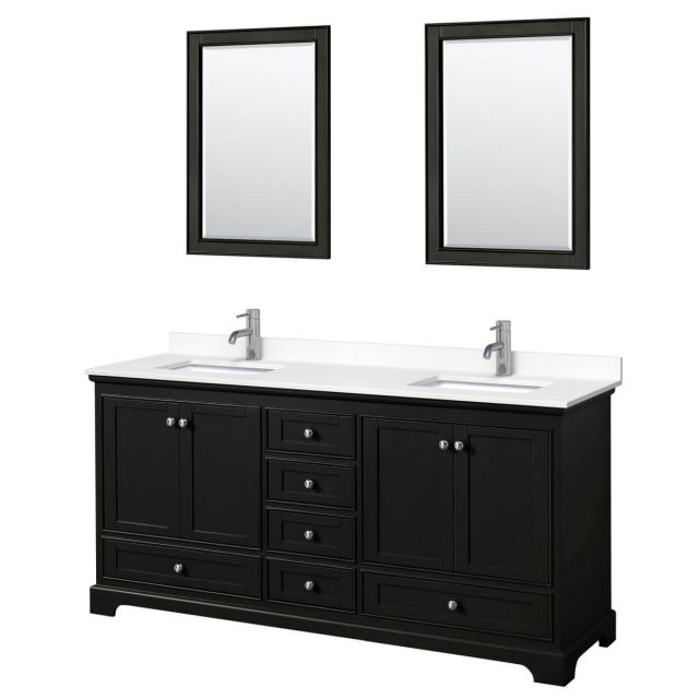 Wyndham Collection Deborah 72 inch Double Bathroom Vanity in Dark Espresso with White Cultured Marble Countertop, Undermount Square Sinks and 24 inch Mirrors - WCS202072DDEWCUNSM24