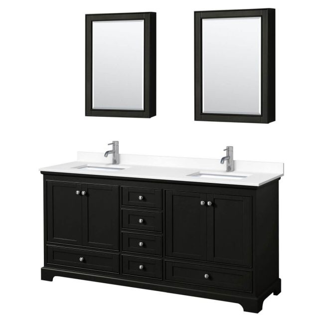 Wyndham Collection Deborah 72 inch Double Bathroom Vanity in Dark Espresso with White Cultured Marble Countertop, Undermount Square Sinks and Medicine Cabinets - WCS202072DDEWCUNSMED
