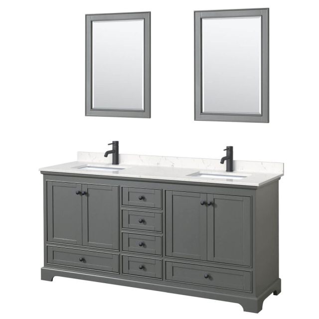 Wyndham Collection Deborah 72 inch Double Bathroom Vanity in Dark Gray with Carrara Cultured Marble Countertop, Undermount Square Sinks, Matte Black Trim and 24 Inch Mirrors WCS202072DGBC2UNSM24