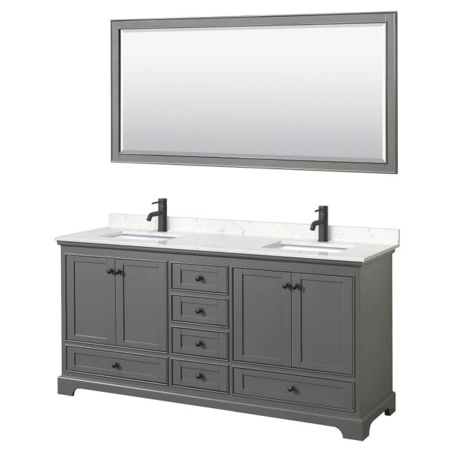 Wyndham Collection Deborah 72 inch Double Bathroom Vanity in Dark Gray with Carrara Cultured Marble Countertop, Undermount Square Sinks, Matte Black Trim and 70 Inch Mirror WCS202072DGBC2UNSM70