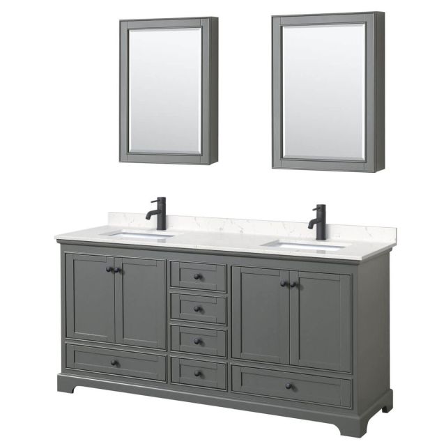 Wyndham Collection Deborah 72 inch Double Bathroom Vanity in Dark Gray with Carrara Cultured Marble Countertop, Undermount Square Sinks, Matte Black Trim and Medicine Cabinets WCS202072DGBC2UNSMED