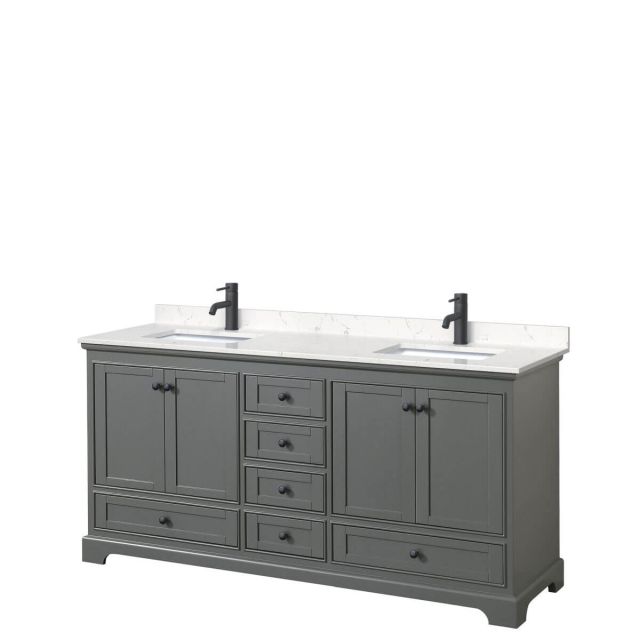 Wyndham Collection Deborah 72 inch Double Bathroom Vanity in Dark Gray with Carrara Cultured Marble Countertop, Undermount Square Sinks and Matte Black Trim WCS202072DGBC2UNSMXX