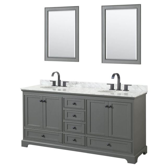 Wyndham Collection Deborah 72 inch Double Bathroom Vanity in Dark Gray with White Carrara Marble Countertop, Undermount Oval Sinks, Matte Black Trim and 24 Inch Mirrors WCS202072DGBCMUNOM24