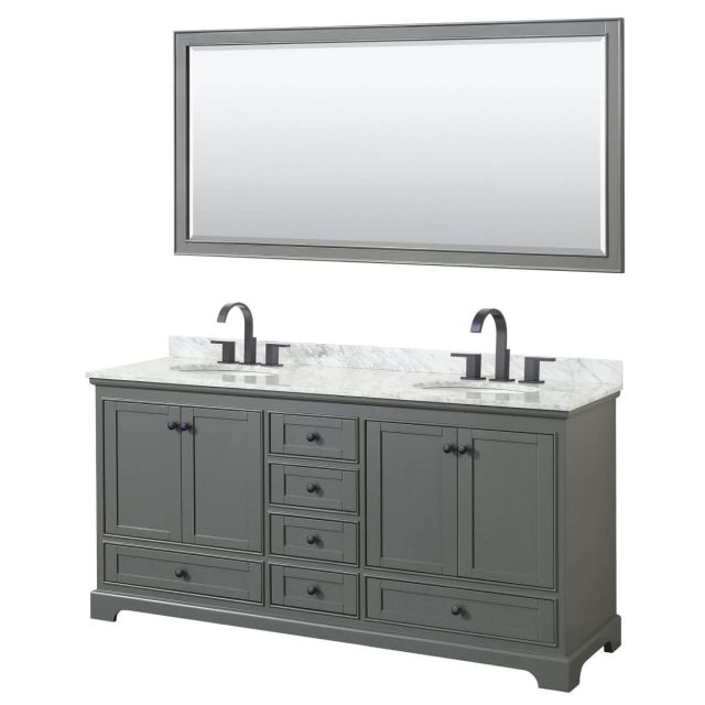 Wyndham Collection Deborah 72 inch Double Bathroom Vanity in Dark Gray with White Carrara Marble Countertop, Undermount Oval Sinks, Matte Black Trim and 70 Inch Mirror WCS202072DGBCMUNOM70