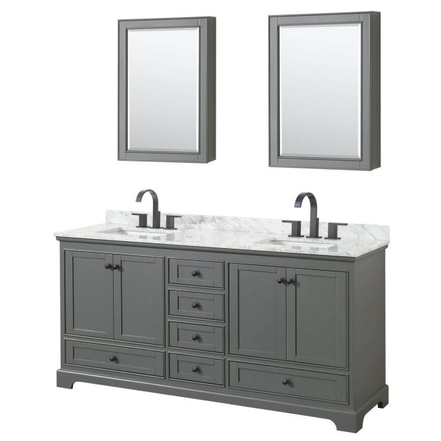 Wyndham Collection Deborah 72 inch Double Bathroom Vanity in Dark Gray with White Carrara Marble Countertop, Undermount Square Sinks, Matte Black Trim and Medicine Cabinets WCS202072DGBCMUNSMED