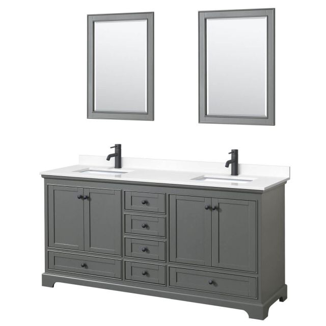 Wyndham Collection Deborah 72 inch Double Bathroom Vanity in Dark Gray with White Cultured Marble Countertop, Undermount Square Sinks, Matte Black Trim and 24 Inch Mirrors WCS202072DGBWCUNSM24