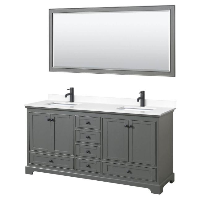 Wyndham Collection Deborah 72 inch Double Bathroom Vanity in Dark Gray with White Cultured Marble Countertop, Undermount Square Sinks, Matte Black Trim and 70 Inch Mirror WCS202072DGBWCUNSM70
