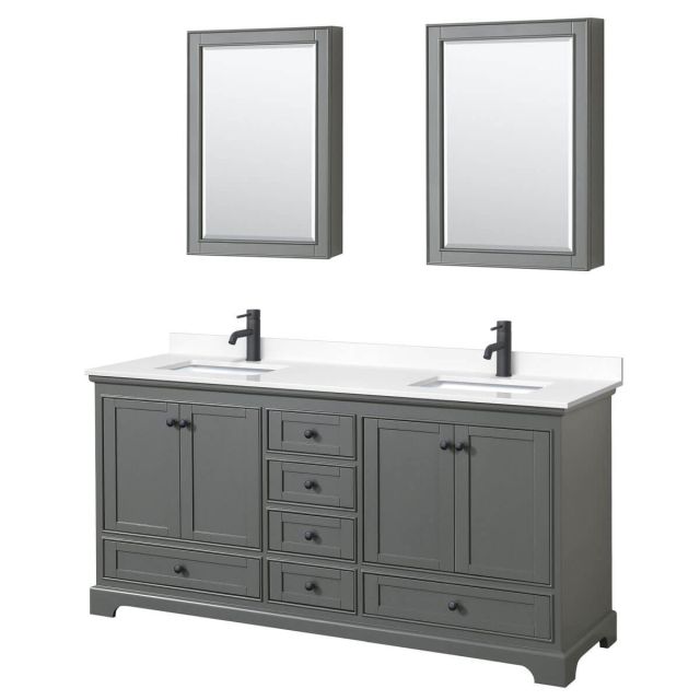 Wyndham Collection Deborah 72 inch Double Bathroom Vanity in Dark Gray with White Cultured Marble Countertop, Undermount Square Sinks, Matte Black Trim and Medicine Cabinets WCS202072DGBWCUNSMED