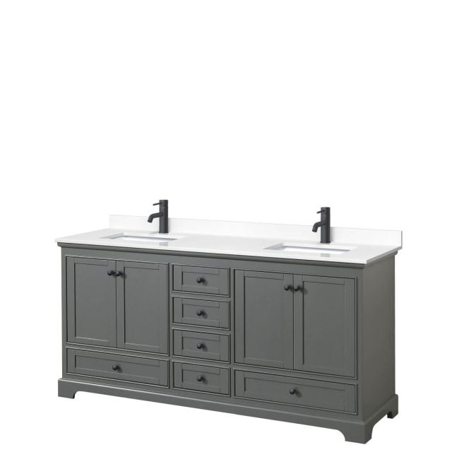 Wyndham Collection Deborah 72 inch Double Bathroom Vanity in Dark Gray with White Cultured Marble Countertop, Undermount Square Sinks and Matte Black Trim WCS202072DGBWCUNSMXX