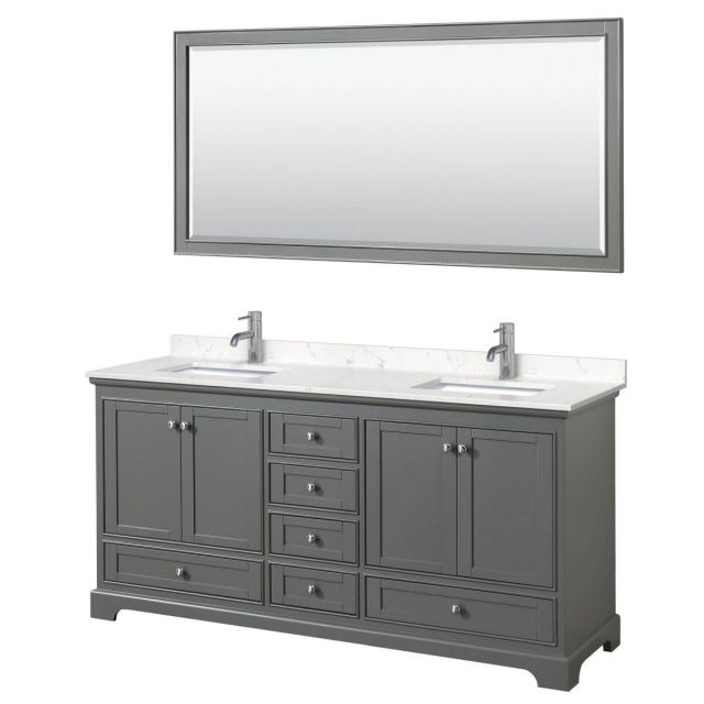 Wyndham Collection Deborah 72 inch Double Bathroom Vanity in Dark Gray with Light-Vein Carrara Cultured Marble Countertop, Undermount Square Sinks and 70 inch Mirror - WCS202072DKGC2UNSM70