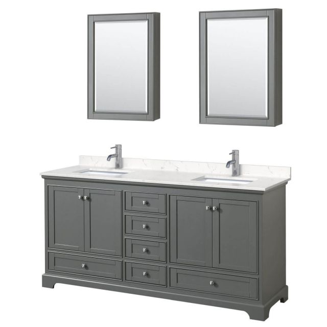 Wyndham Collection Deborah 72 inch Double Bathroom Vanity in Dark Gray with Light-Vein Carrara Cultured Marble Countertop, Undermount Square Sinks and Medicine Cabinets - WCS202072DKGC2UNSMED