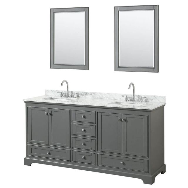 Wyndham Collection Deborah 72 Inch Double Bath Vanity In Dark Gray With White Carrara Marble Countertop With Undermount Square Sink With 24 Inch Mirror - WCS202072DKGCMUNSM24