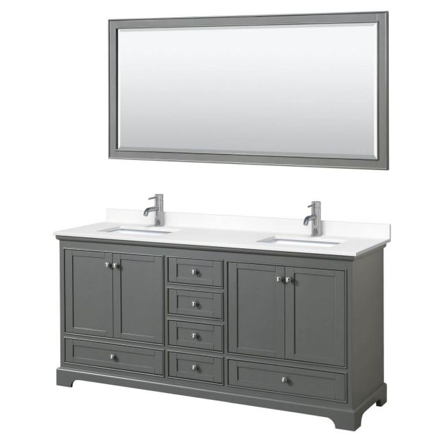 Wyndham Collection Deborah 72 inch Double Bathroom Vanity in Dark Gray with White Cultured Marble Countertop, Undermount Square Sinks and 70 inch Mirror - WCS202072DKGWCUNSM70