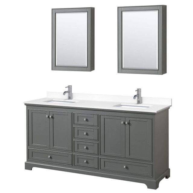 Wyndham Collection Deborah 72 inch Double Bathroom Vanity in Dark Gray with White Cultured Marble Countertop, Undermount Square Sinks and Medicine Cabinets - WCS202072DKGWCUNSMED