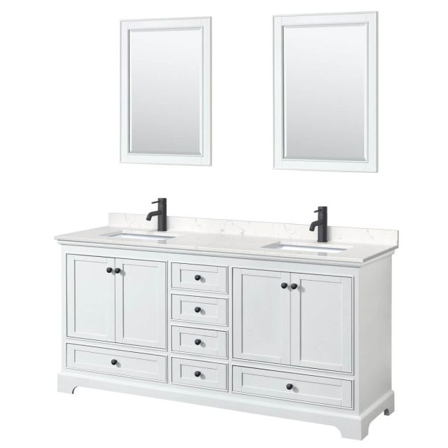 Wyndham Collection Deborah 72 inch Double Bathroom Vanity in White with Carrara Cultured Marble Countertop, Undermount Square Sinks, Matte Black Trim and 24 Inch Mirrors WCS202072DWBC2UNSM24