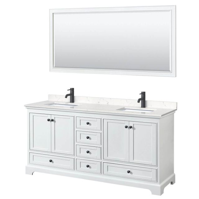 Wyndham Collection Deborah 72 inch Double Bathroom Vanity in White with Carrara Cultured Marble Countertop, Undermount Square Sinks, Matte Black Trim and 70 Inch Mirror WCS202072DWBC2UNSM70