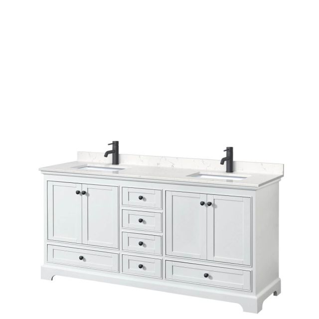Wyndham Collection Deborah 72 inch Double Bathroom Vanity in White with Carrara Cultured Marble Countertop, Undermount Square Sinks and Matte Black Trim WCS202072DWBC2UNSMXX