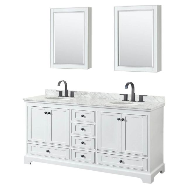 Wyndham Collection Deborah 72 inch Double Bathroom Vanity in White with White Carrara Marble Countertop, Undermount Oval Sinks, Matte Black Trim and Medicine Cabinets WCS202072DWBCMUNOMED