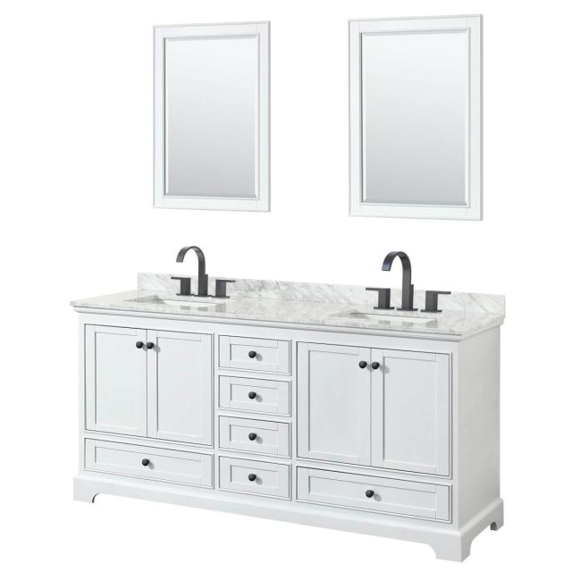 Wyndham Collection Deborah 72 inch Double Bathroom Vanity in White with White Carrara Marble Countertop, Undermount Square Sinks, Matte Black Trim and 24 Inch Mirrors WCS202072DWBCMUNSM24