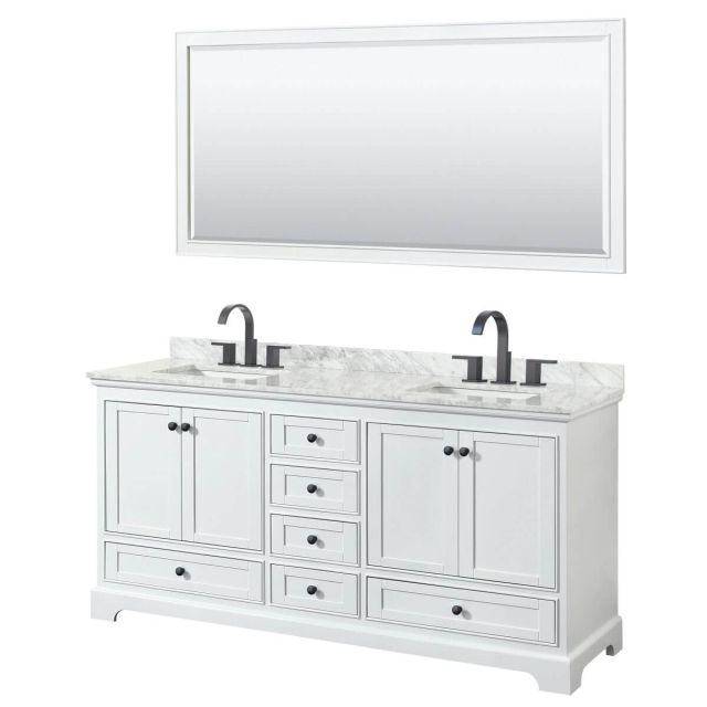 Wyndham Collection Deborah 72 inch Double Bathroom Vanity in White with White Carrara Marble Countertop, Undermount Square Sinks, Matte Black Trim and 70 Inch Mirror WCS202072DWBCMUNSM70