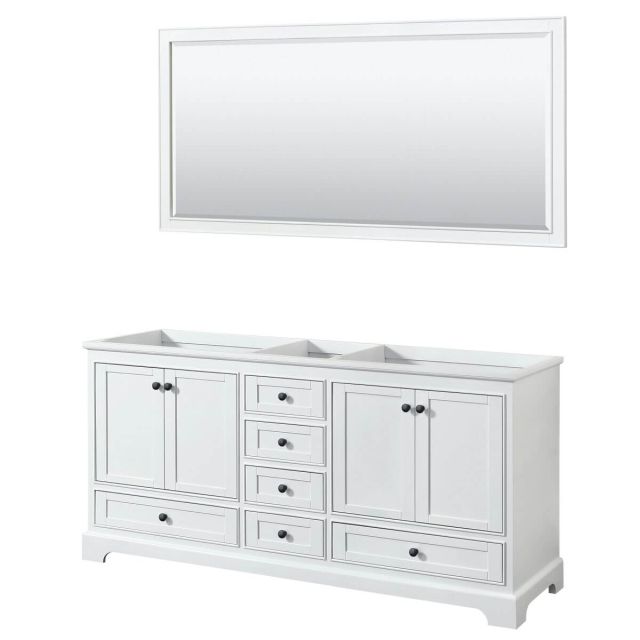 Wyndham Collection Deborah 72 inch Double Bathroom Vanity in White with 70 Inch Mirror, Matte Black Trim, No Countertop and No Sinks WCS202072DWBCXSXXM70