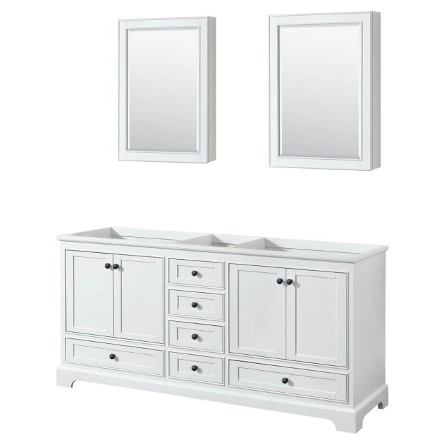 Wyndham Collection Deborah 72 inch Double Bathroom Vanity in White with Matte Black Trim, Medicine Cabinets, No Countertop and No Sinks WCS202072DWBCXSXXMED