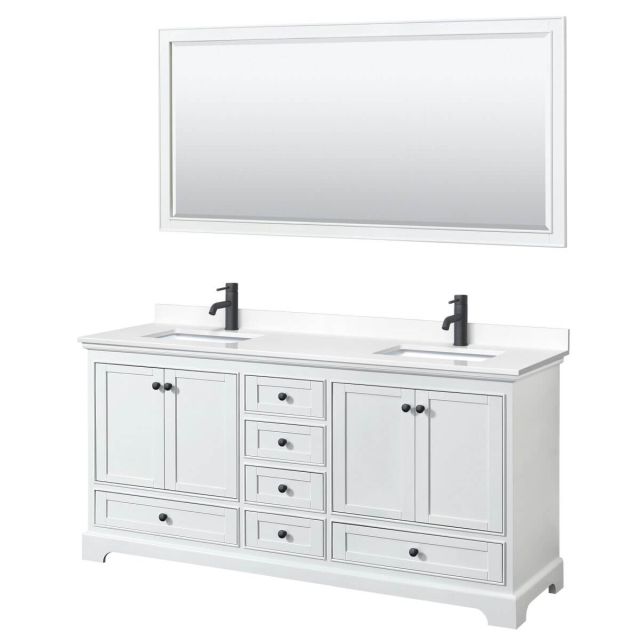 Wyndham Collection Deborah 72 inch Double Bathroom Vanity in White with White Cultured Marble Countertop, Undermount Square Sinks, Matte Black Trim and 70 Inch Mirror WCS202072DWBWCUNSM70