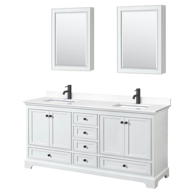 Wyndham Collection Deborah 72 inch Double Bathroom Vanity in White with White Cultured Marble Countertop, Undermount Square Sinks, Matte Black Trim and Medicine Cabinets WCS202072DWBWCUNSMED