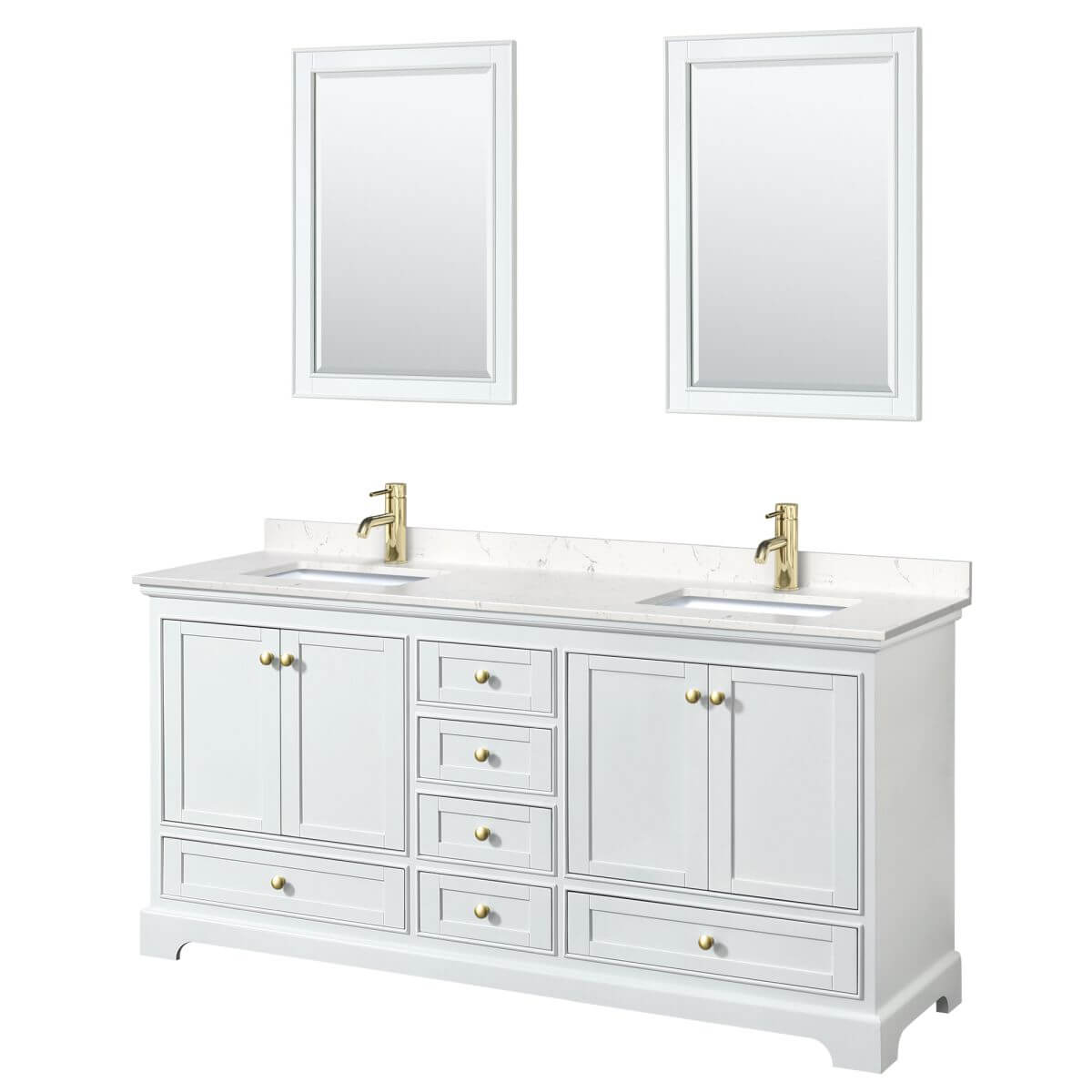 Wyndham Collection Deborah 72 inch Double Bathroom Vanity in White with Carrara Cultured Marble Countertop, Undermount Square Sinks, Brushed Gold Trim and 24 inch Mirrors - WCS202072DWGC2UNSM24