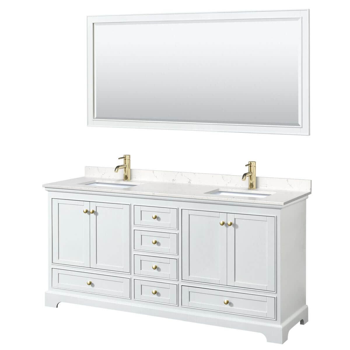 Wyndham Collection Deborah 72 inch Double Bathroom Vanity in White with Carrara Cultured Marble Countertop, Undermount Square Sinks, Brushed Gold Trim and 70 inch Mirror - WCS202072DWGC2UNSM70