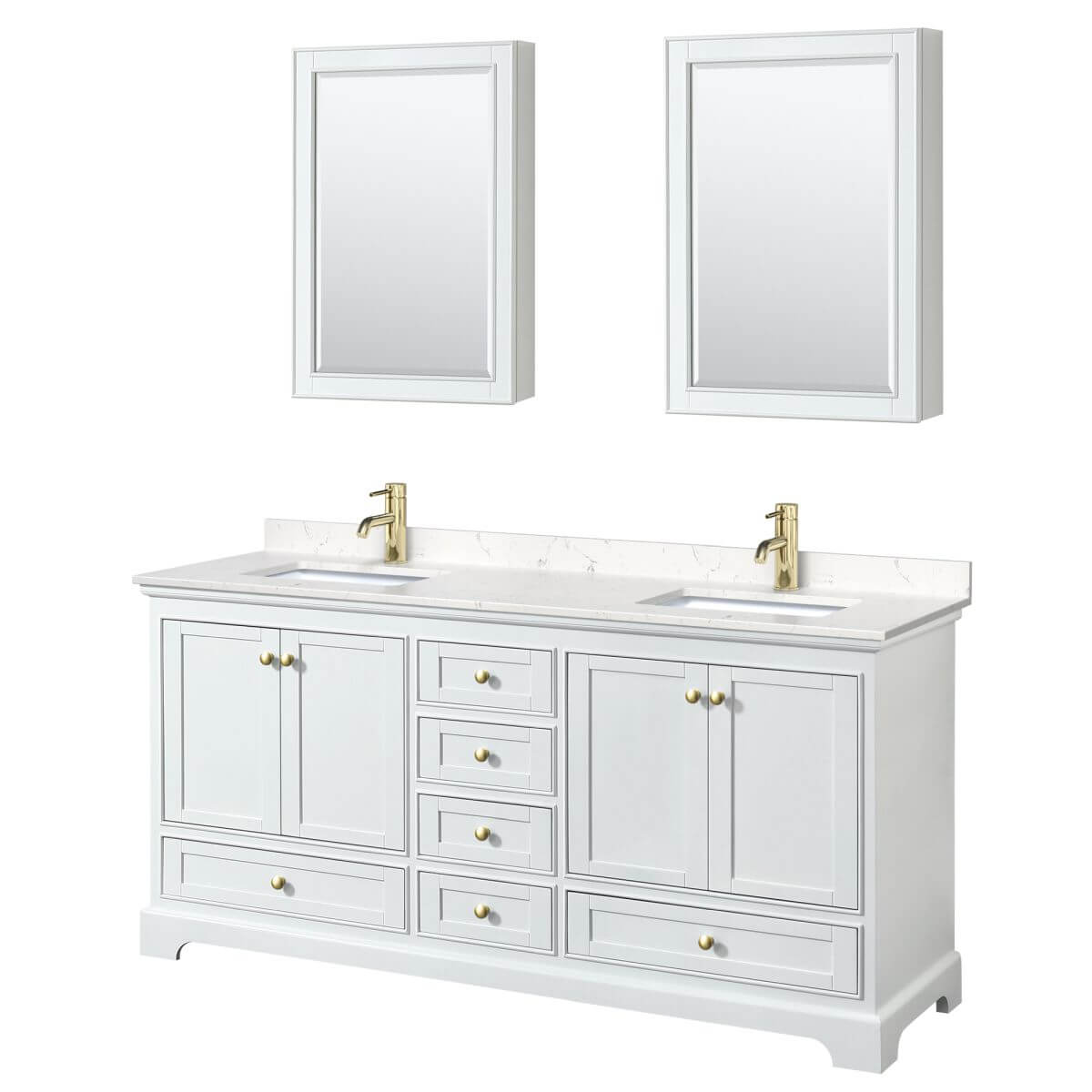 Wyndham Collection Deborah 72 inch Double Bathroom Vanity in White with Carrara Cultured Marble Countertop, Undermount Square Sinks, Brushed Gold Trim and Medicine Cabinets - WCS202072DWGC2UNSMED