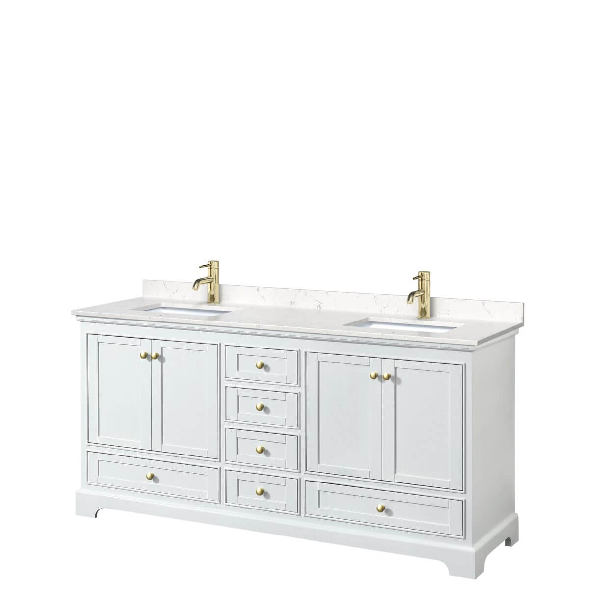 Wyndham Collection Deborah 72 inch Double Bathroom Vanity in White with Carrara Cultured Marble Countertop, Undermount Square Sinks, Brushed Gold Trim and No Mirrors - WCS202072DWGC2UNSMXX