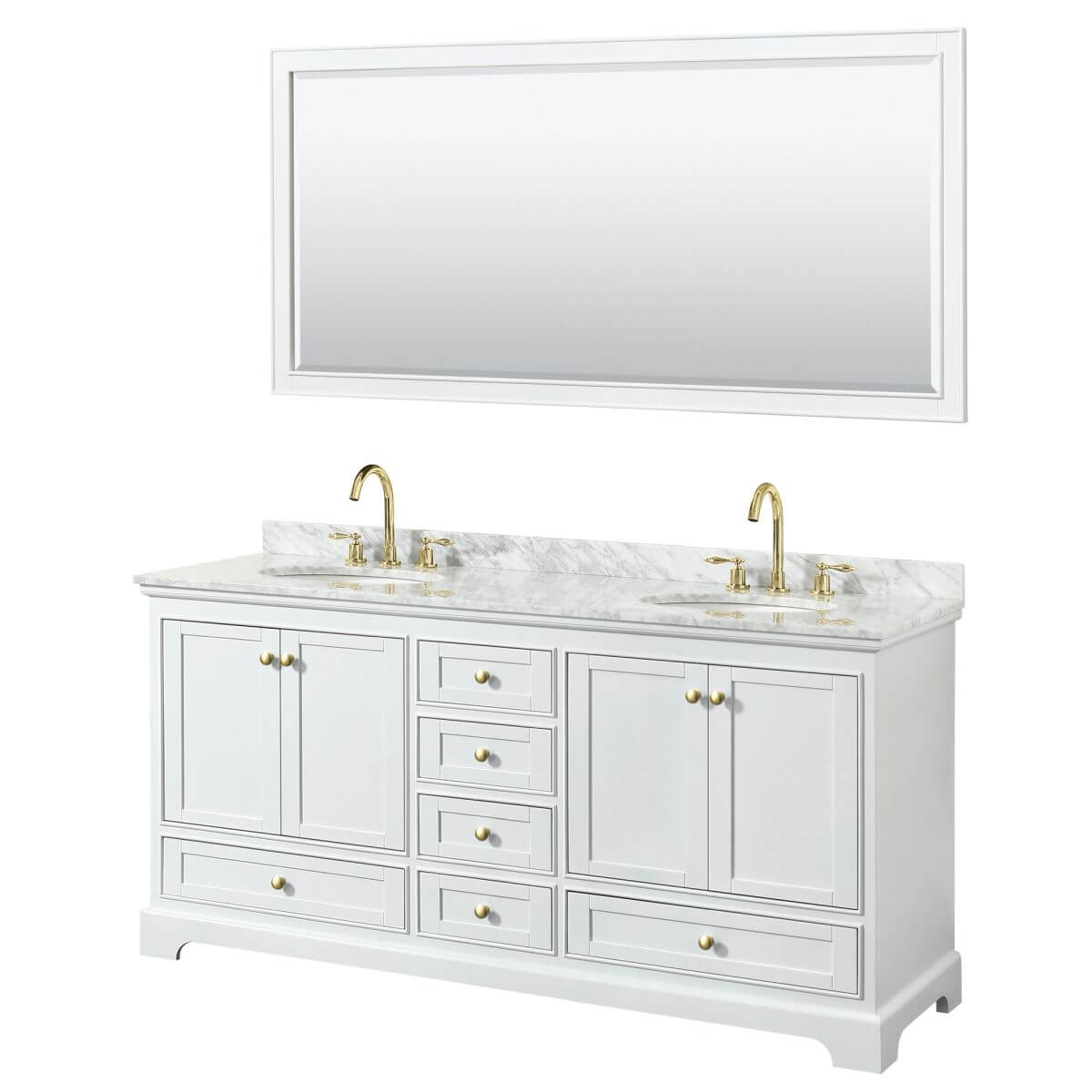 Wyndham Collection Deborah 72 inch Double Bathroom Vanity in White with White Carrara Marble Countertop, Undermount Oval Sinks, Brushed Gold Trim and 70 inch Mirror - WCS202072DWGCMUNOM70