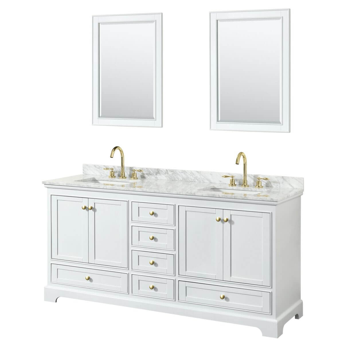 Wyndham Collection Deborah 72 inch Double Bathroom Vanity in White with White Carrara Marble Countertop, Undermount Square Sinks, Brushed Gold Trim and 24 inch Mirrors - WCS202072DWGCMUNSM24
