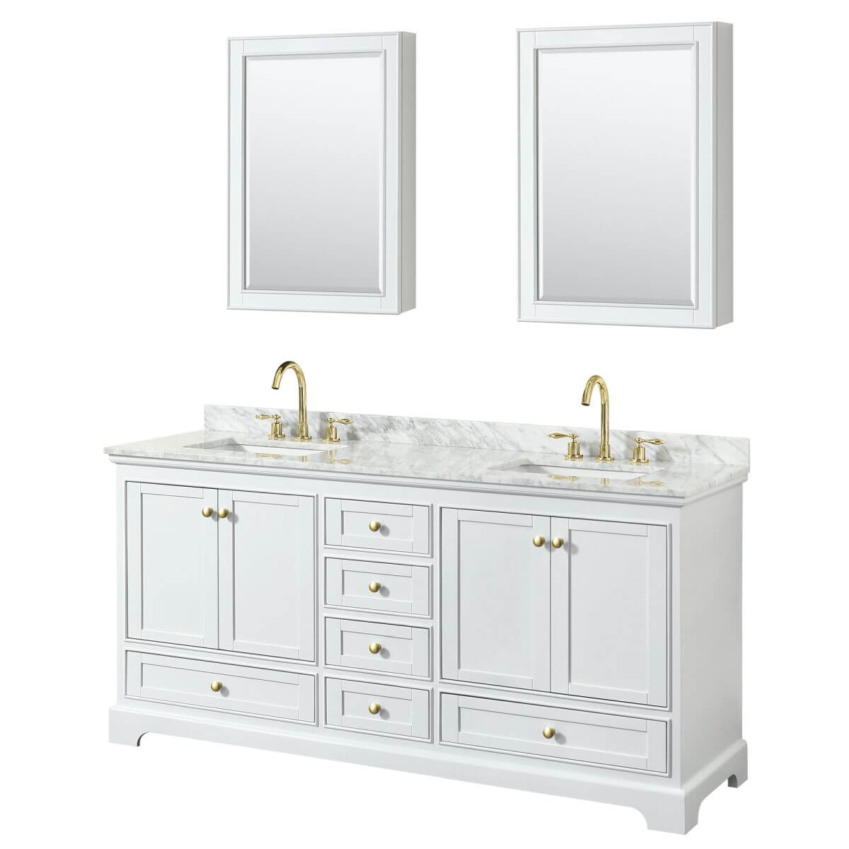 Wyndham Collection Deborah 72 inch Double Bathroom Vanity in White with White Carrara Marble Countertop, Undermount Square Sinks, Brushed Gold Trim and Medicine Cabinets - WCS202072DWGCMUNSMED