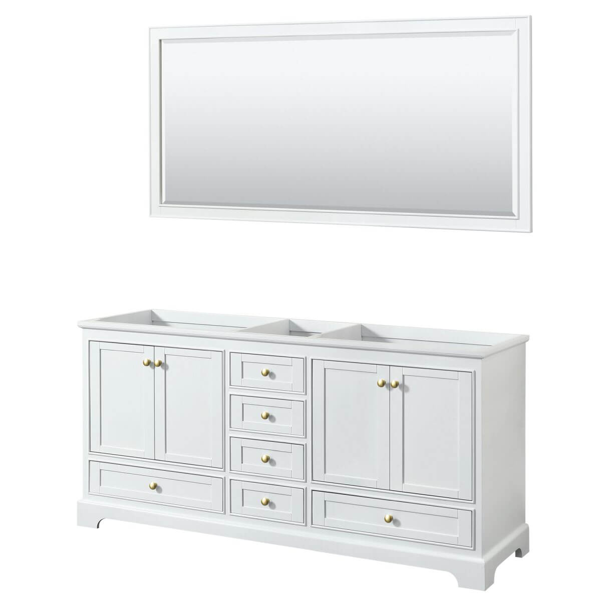 Wyndham Collection Deborah 72 inch Double Bathroom Vanity in White with 70 inch Mirror, Brushed Gold Trim, No Countertop and No Sinks - WCS202072DWGCXSXXM70