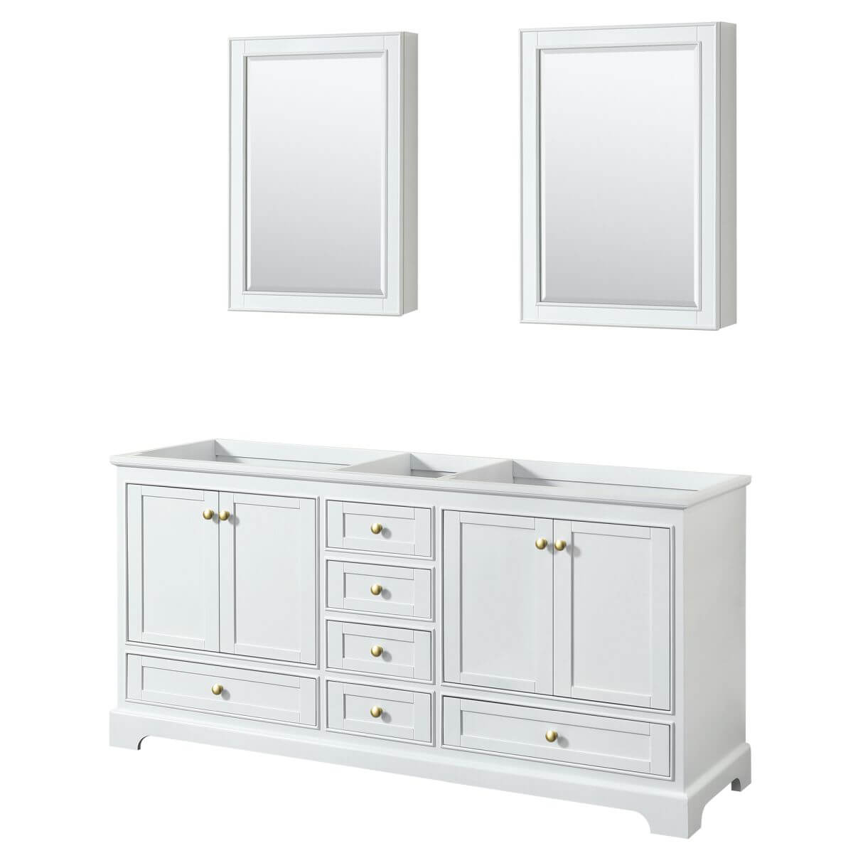 Wyndham Collection Deborah 72 inch Double Bathroom Vanity in White with Medicine Cabinets, Brushed Gold Trim, No Countertop and No Sinks - WCS202072DWGCXSXXMED