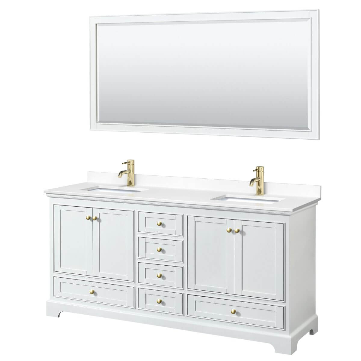 Wyndham Collection Deborah 72 inch Double Bathroom Vanity in White with White Cultured Marble Countertop, Undermount Square Sinks, Brushed Gold Trim and 70 inch Mirror - WCS202072DWGWCUNSM70