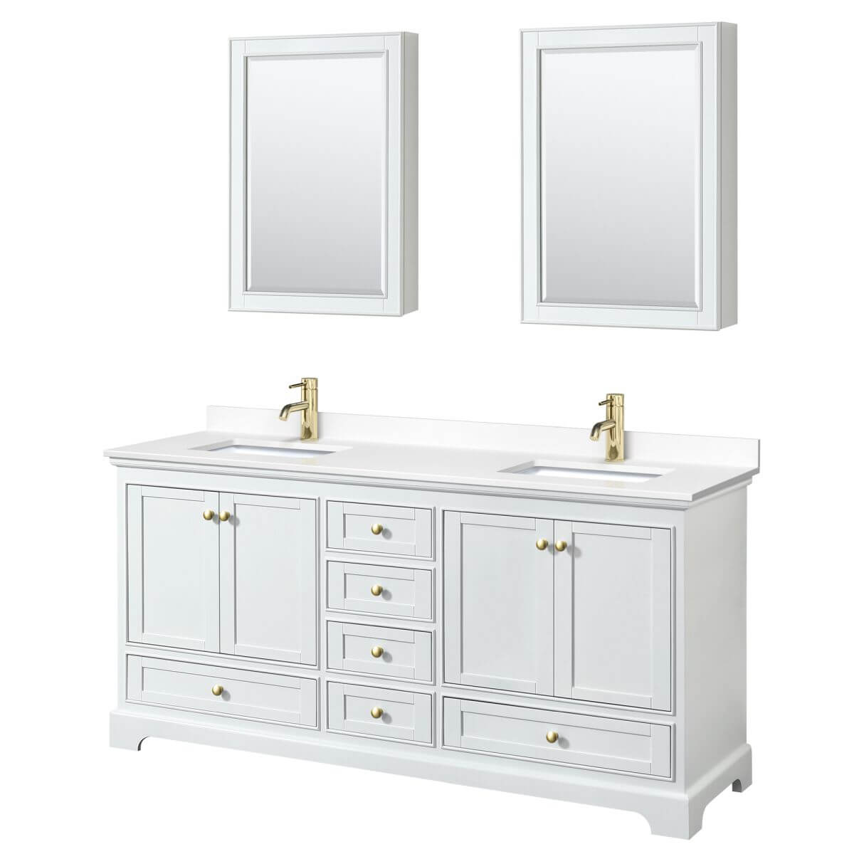 Wyndham Collection Deborah 72 inch Double Bathroom Vanity in White with White Cultured Marble Countertop, Undermount Square Sinks, Brushed Gold Trim and Medicine Cabinets - WCS202072DWGWCUNSMED