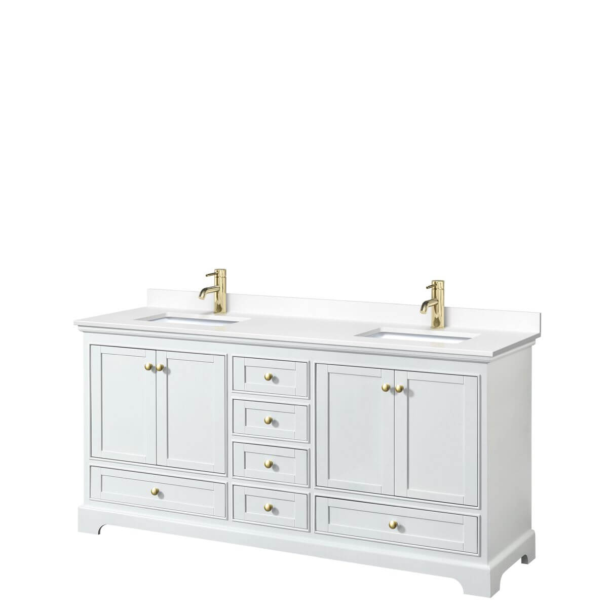 Wyndham Collection Deborah 72 inch Double Bathroom Vanity in White with White Cultured Marble Countertop, Undermount Square Sinks, Brushed Gold Trim and No Mirrors - WCS202072DWGWCUNSMXX