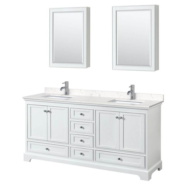 Wyndham Collection Deborah 72 inch Double Bathroom Vanity in White with Light-Vein Carrara Cultured Marble Countertop, Undermount Square Sinks and Medicine Cabinets - WCS202072DWHC2UNSMED
